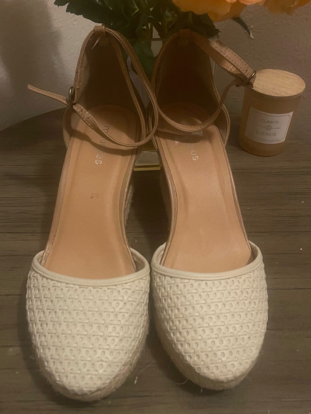 Maurices Cream Woven Espadrille Ankle-Strap Flats with Tan Straps